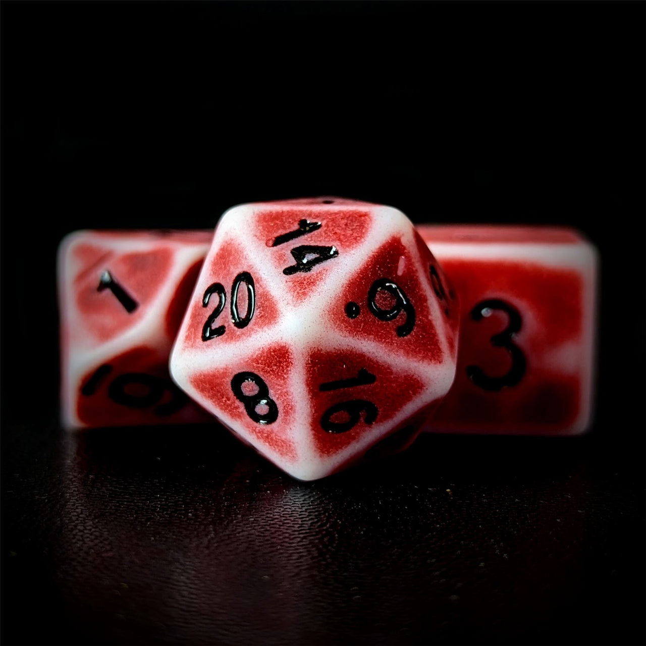 Washed Red on White Acrylic - 7pcs RPG Full Dice Set Close