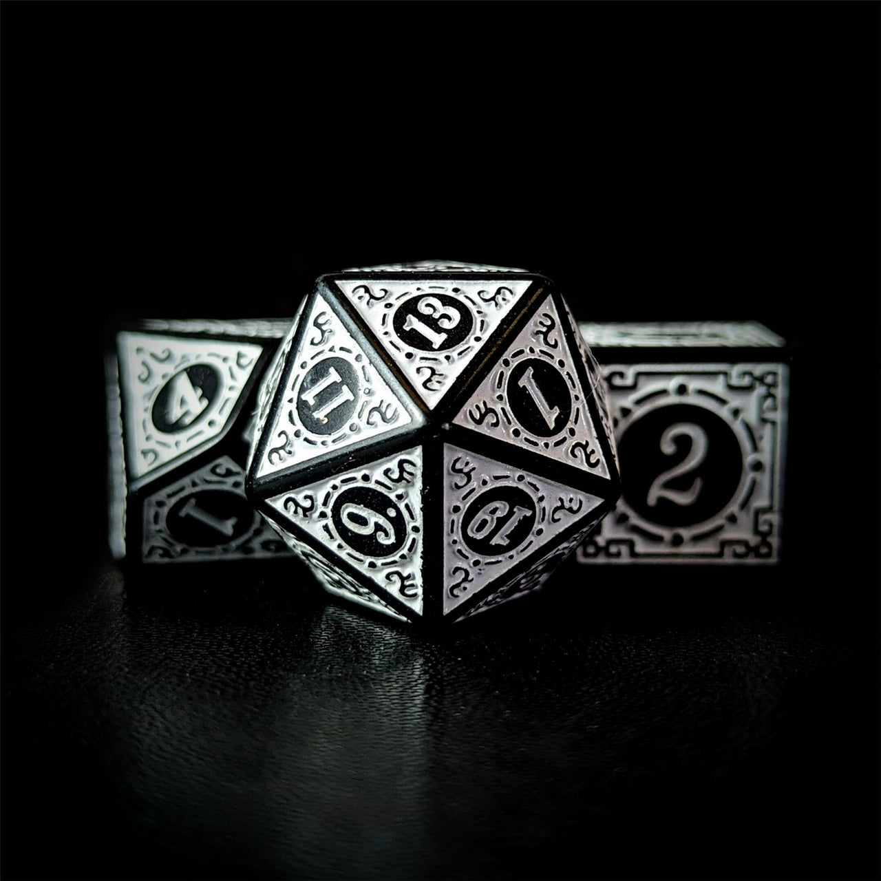 White Lattice on Black Acrylic - 7pcs RPG Full Dice Set Close