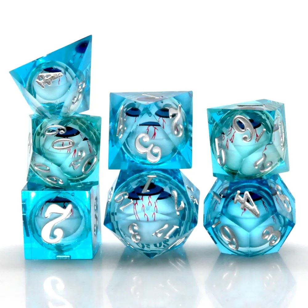 Eye Ball in Clear & Blue Liquid Filled Sharp Resin - 7pcs RPG Dice Set