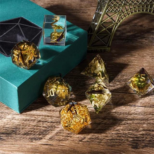 Yellow Flower in Clear Filled Sharp Resin - 7pcs RPG Dice Set