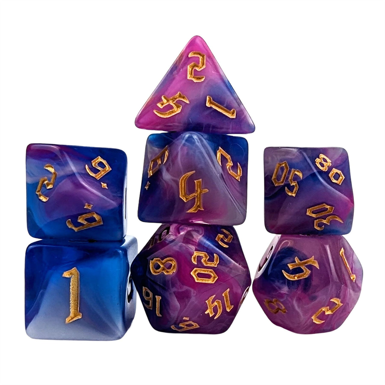 Blend of Blue & Pink Acrylic - 7pcs RPG Full Dice Set White Stack