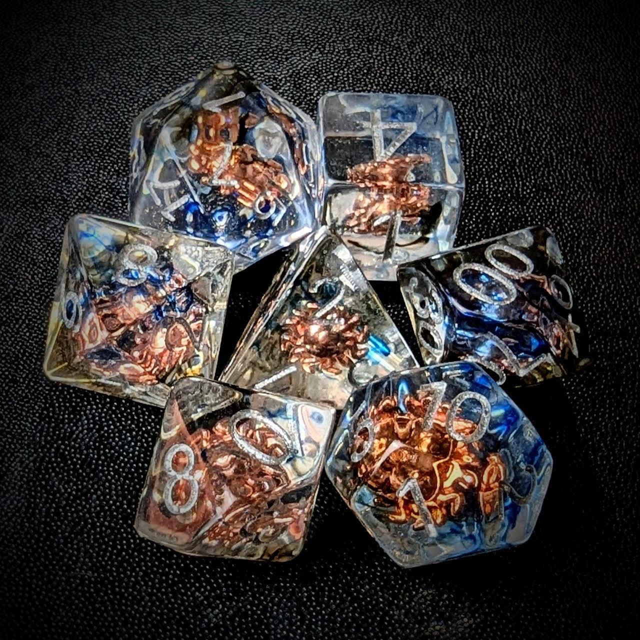 Eye in Clear & Blue Resin - 7pcs RPG Full Dice Set