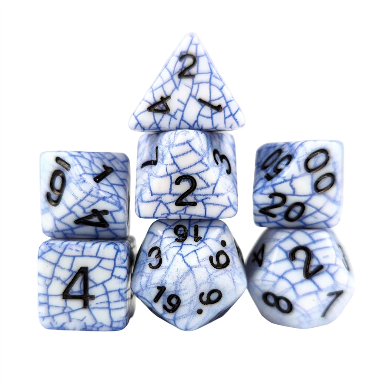 Cracked Blue on White Acrylic - 7pcs RPG Full Dice Set White Stack