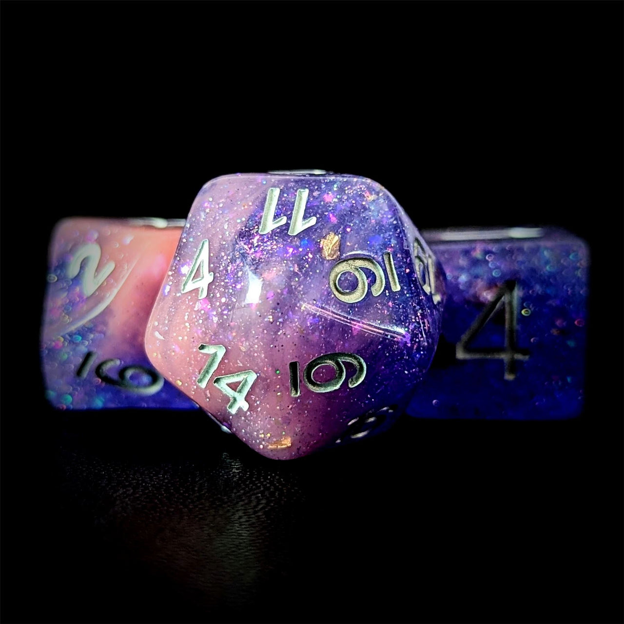 Glitter in Purple & Pink Resin - 7pcs RPG Full Dice Set