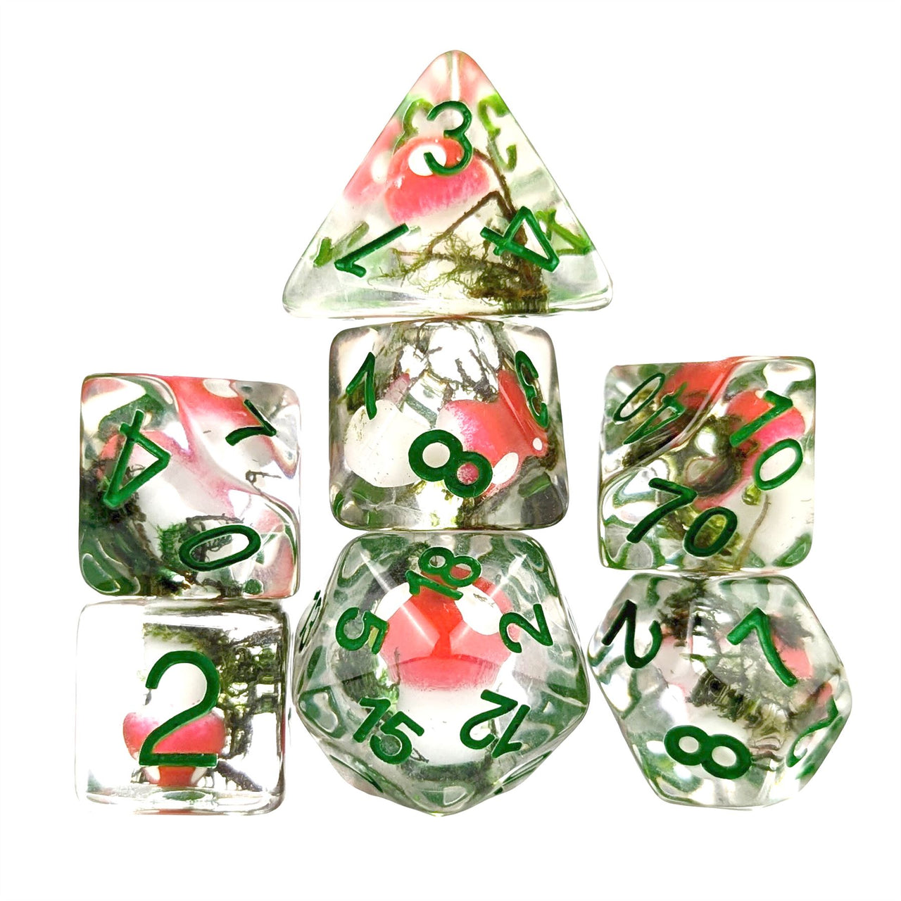 Red Mushroom in Clear Resin - 7pcs RPG Full Dice Set