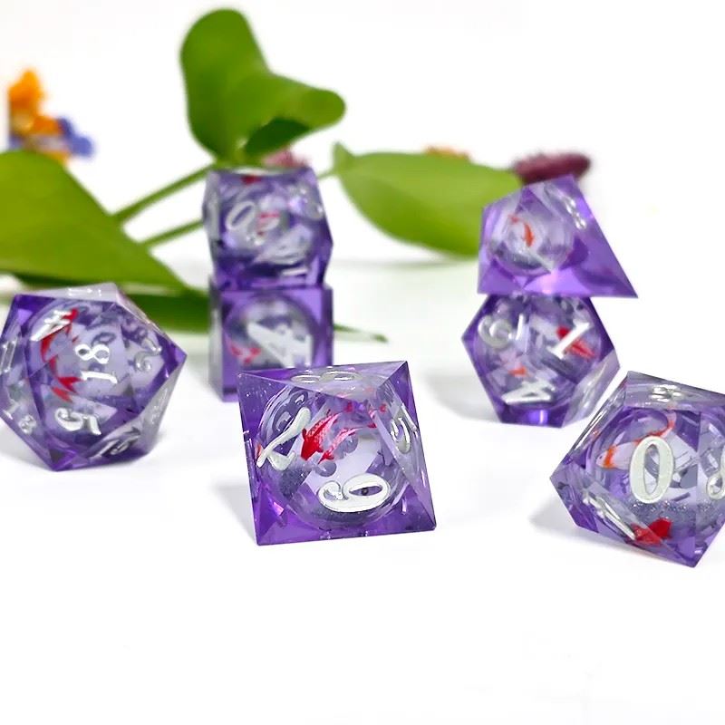 Fish Ball in Clear & Purple Filled Sharp Resin - 7pcs RPG Dice Set