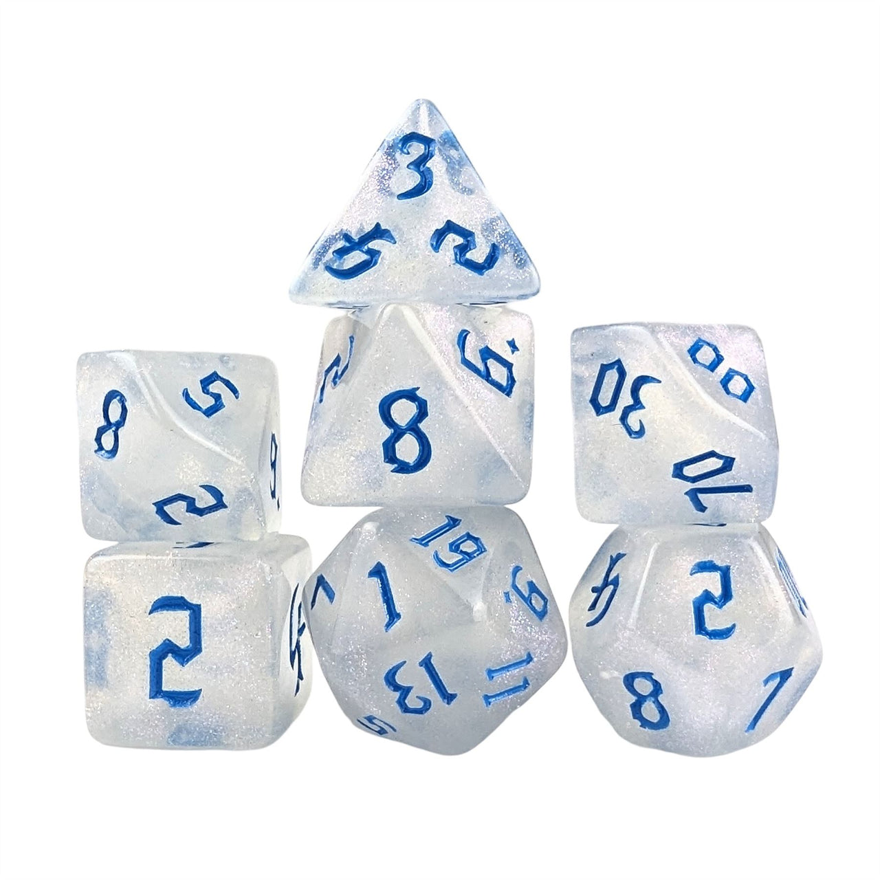 Glitter in White Acrylic with Blue Font - 7pcs RPG Full Dice Set White Stack