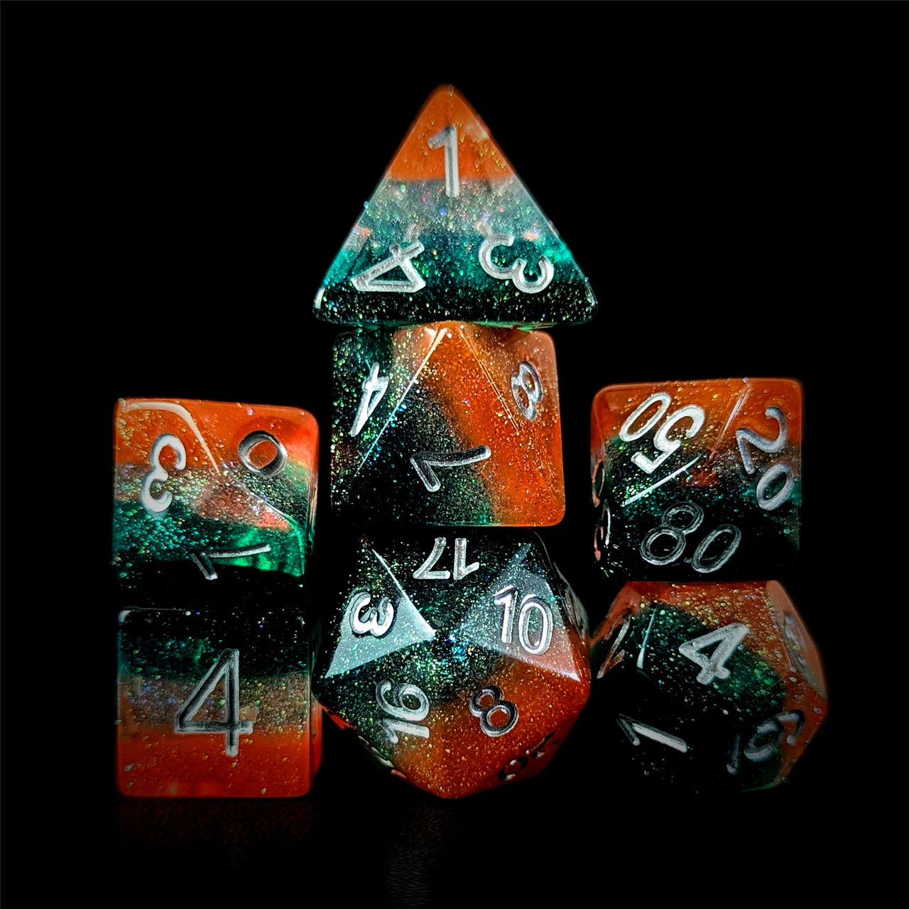 Glitter in Green, Teal & Orange Resin - 7pcs RPG Full Dice Set