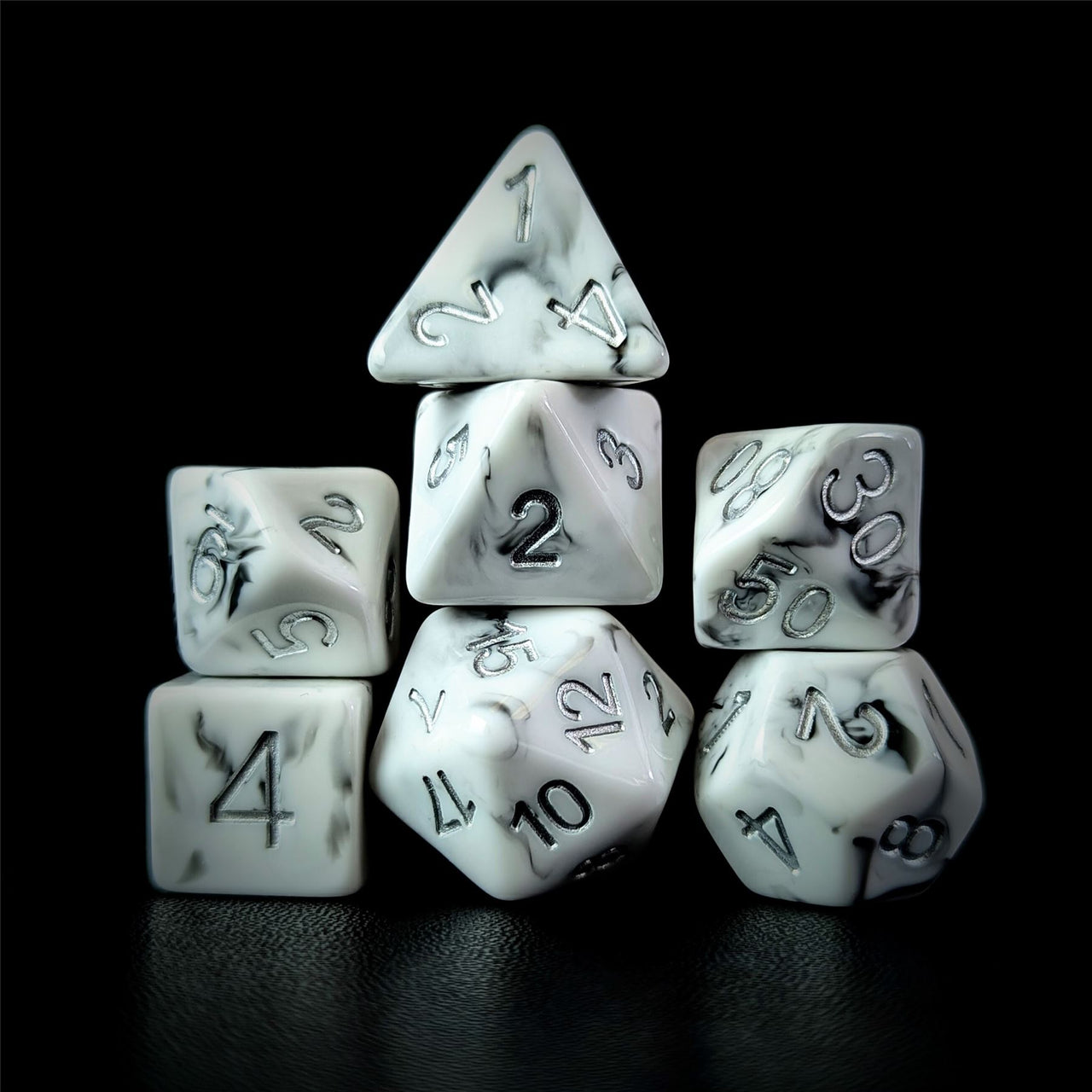 Grey Swirl in White Resin - 7pcs RPG Full Dice Set