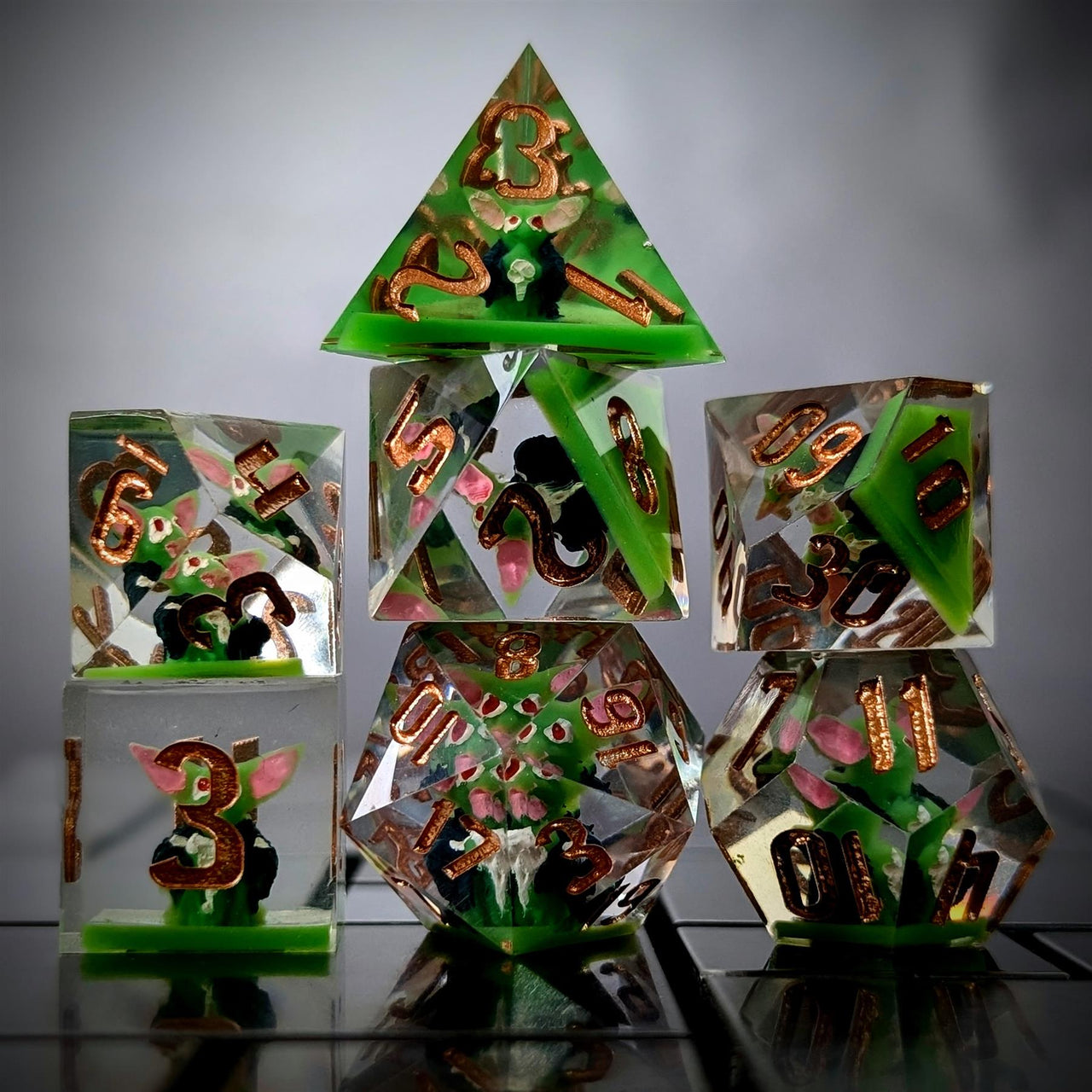 Goblin in Green & Clear Filled Sharp Resin - 7pcs RPG Dice Set