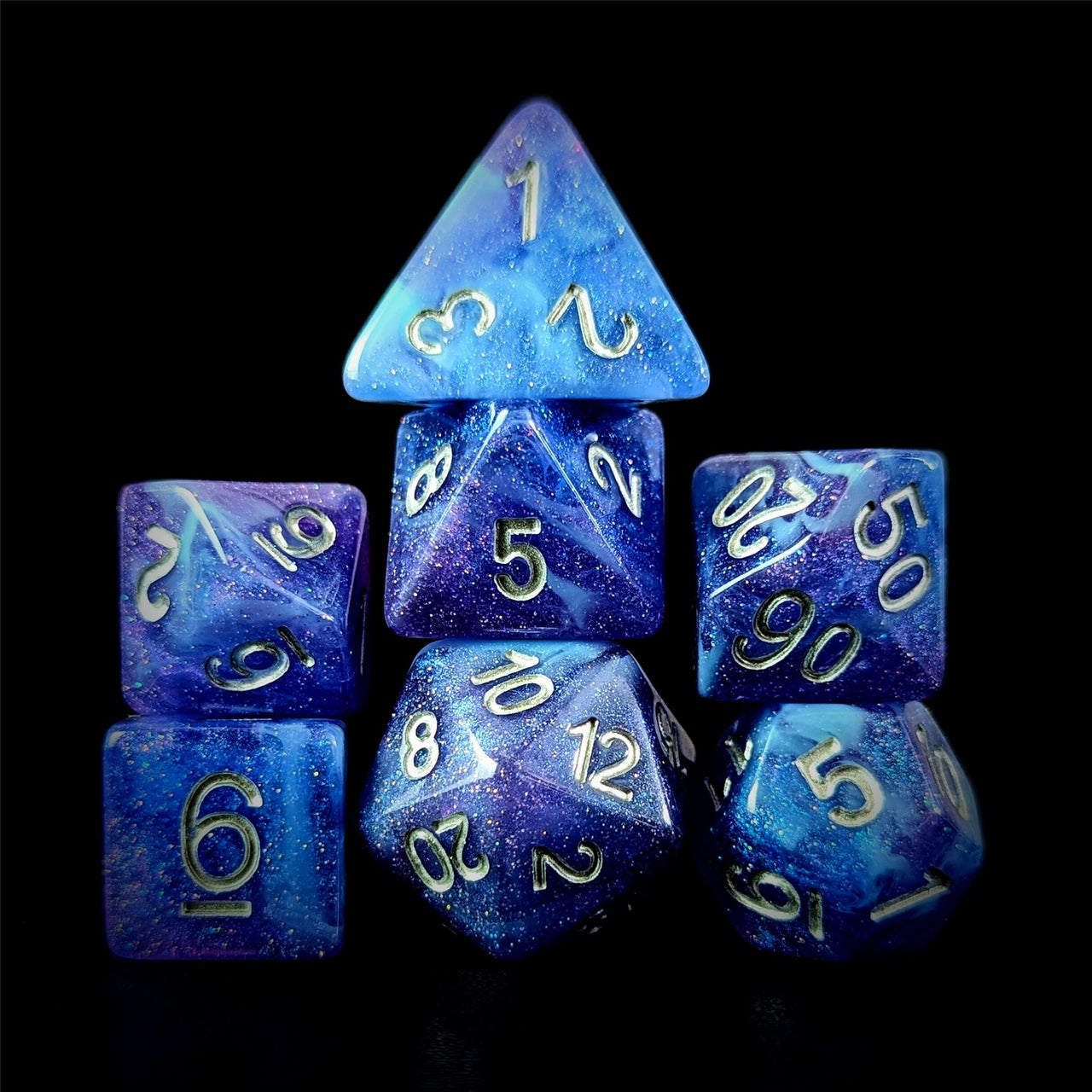 Glitter in Blue & Purple with White Resin - 7pcs RPG Full Dice Set