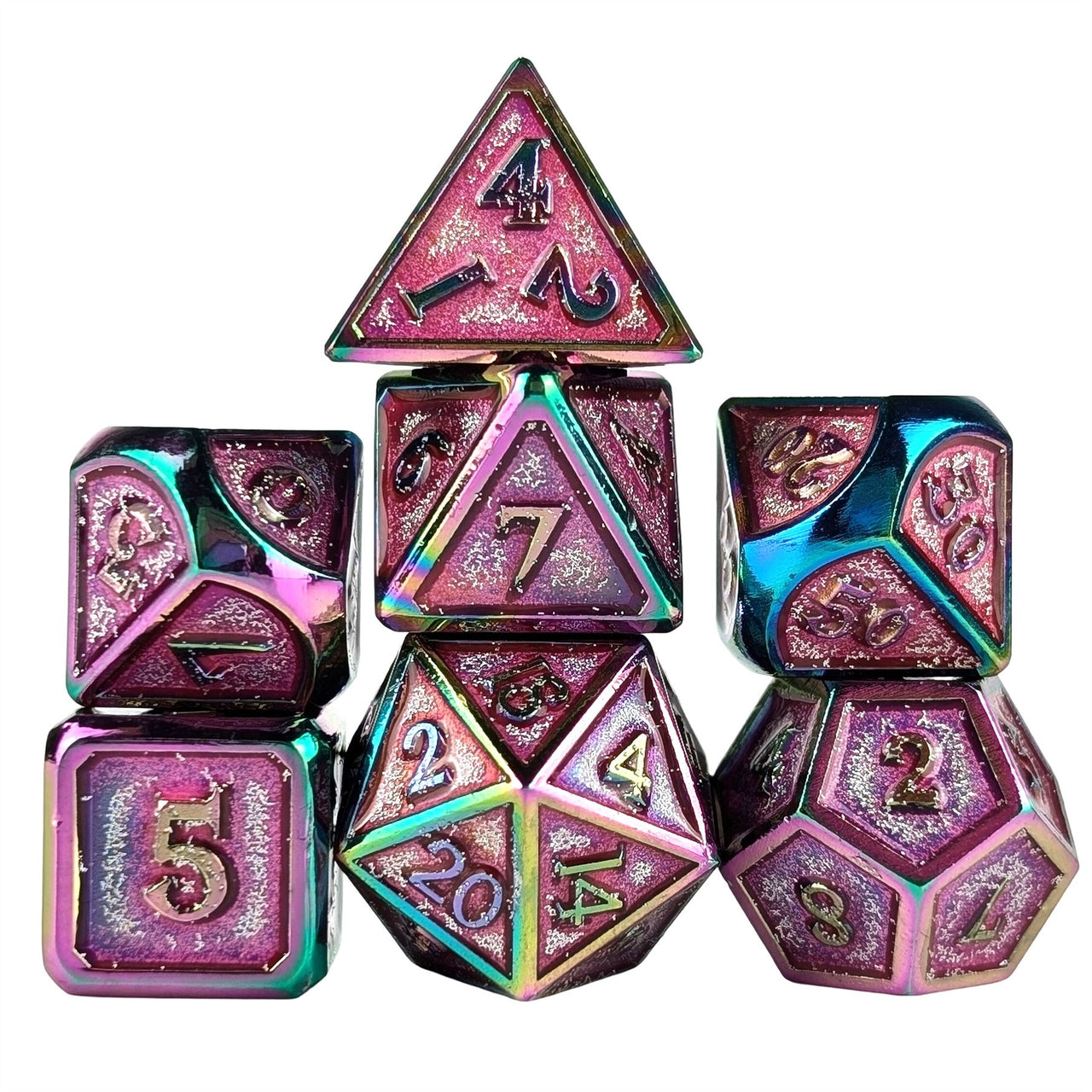 Glitter Pink Enamel in Rainbow Metal - 7pcs RPG Dice Set