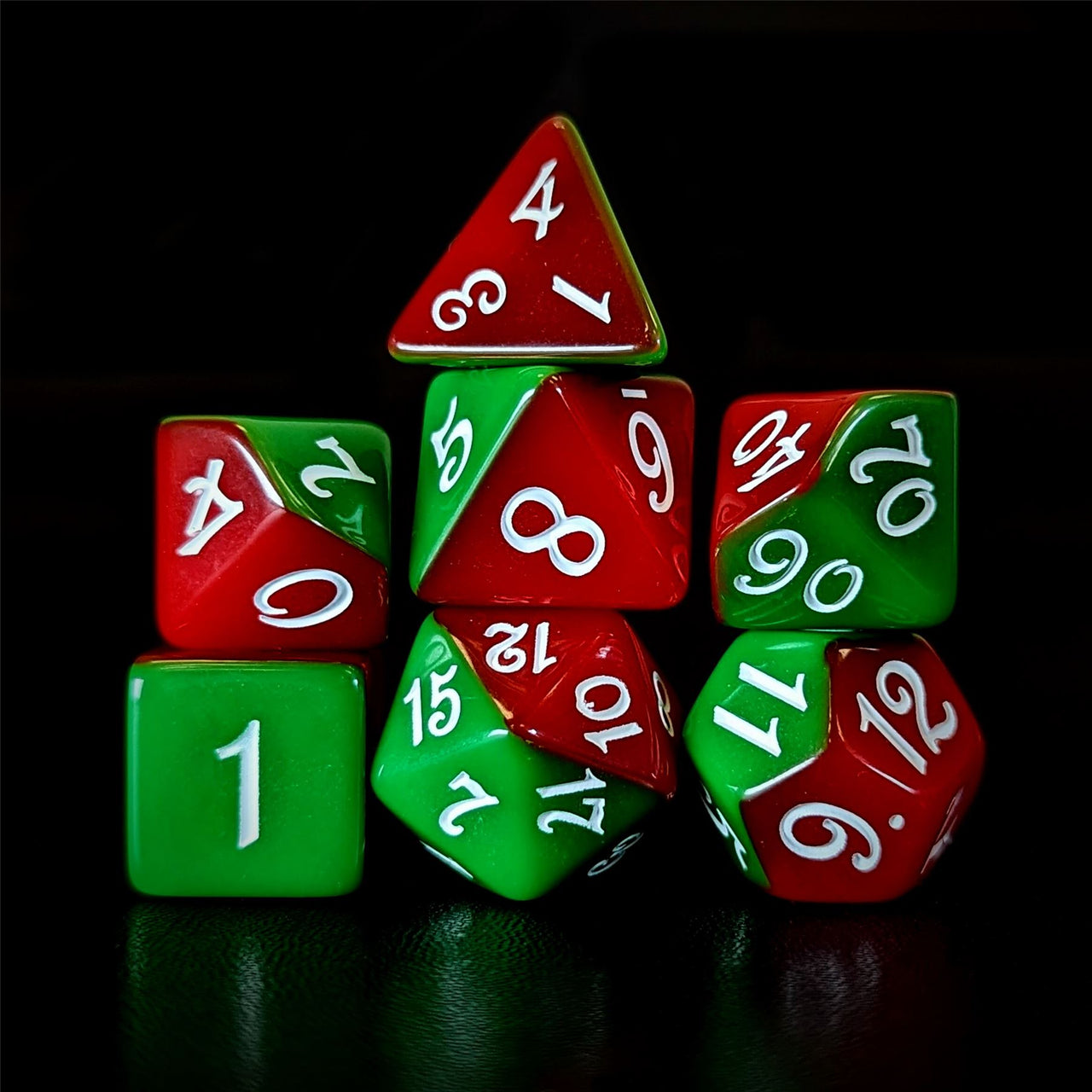 Blend of Red & Green Acrylic - 7pcs RPG Full Dice Set Dark Stack