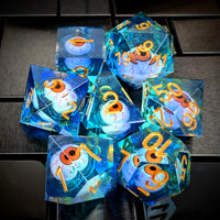 Thumbnail for Orange Eye Ball in Clear & Blue Liquid Filled Sharp Resin - 7pcs RPG Dice Set