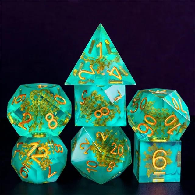 Yellow Flower in Clear & Green Filled Sharp Resin - 7pcs RPG Dice Set