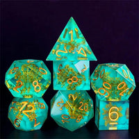 Thumbnail for Yellow Flower in Clear & Green Filled Sharp Resin - 7pcs RPG Dice Set