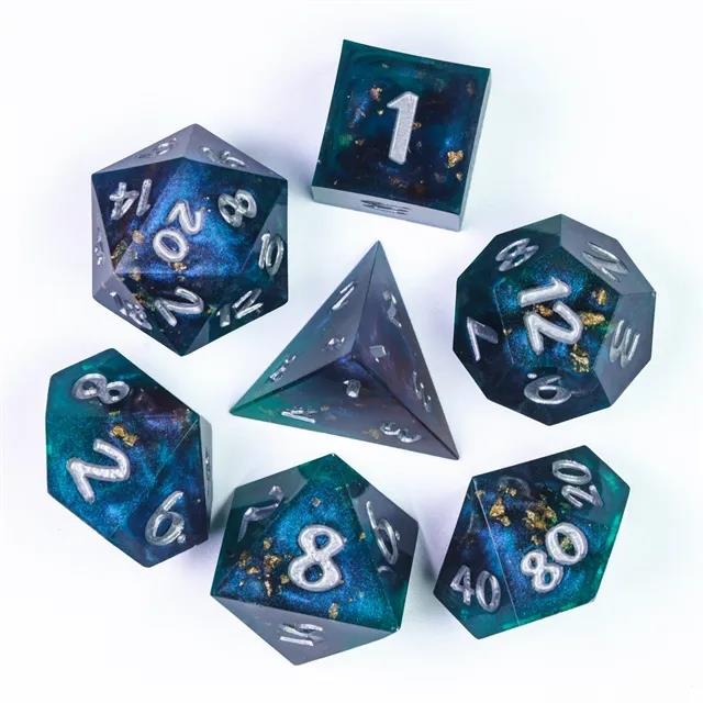 Glitter & Foil in Purple, Blue & Teal Sharp Resin - 7pcs RPG Dice Set