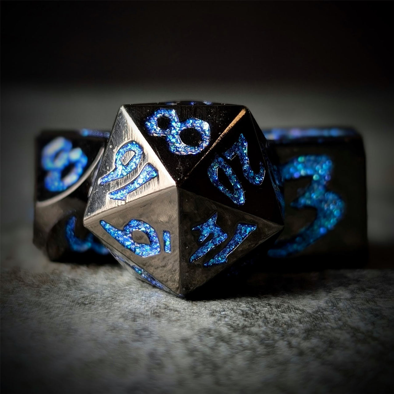 Blue Font in Black Metal - 7pcs RPG Dice Set