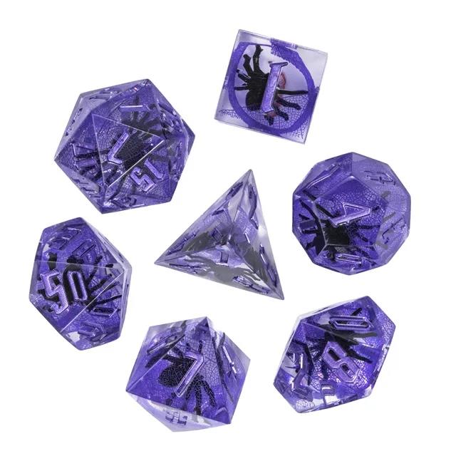 Spider in Clear & Purple Filled Sharp Resin - 7pcs RPG Dice Set