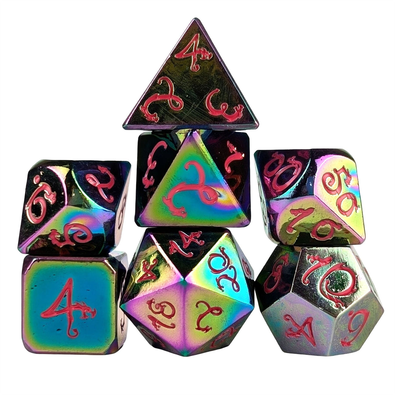 Rainbow Metal with Pink Dragon Font - 7pcs RPG Dice Set