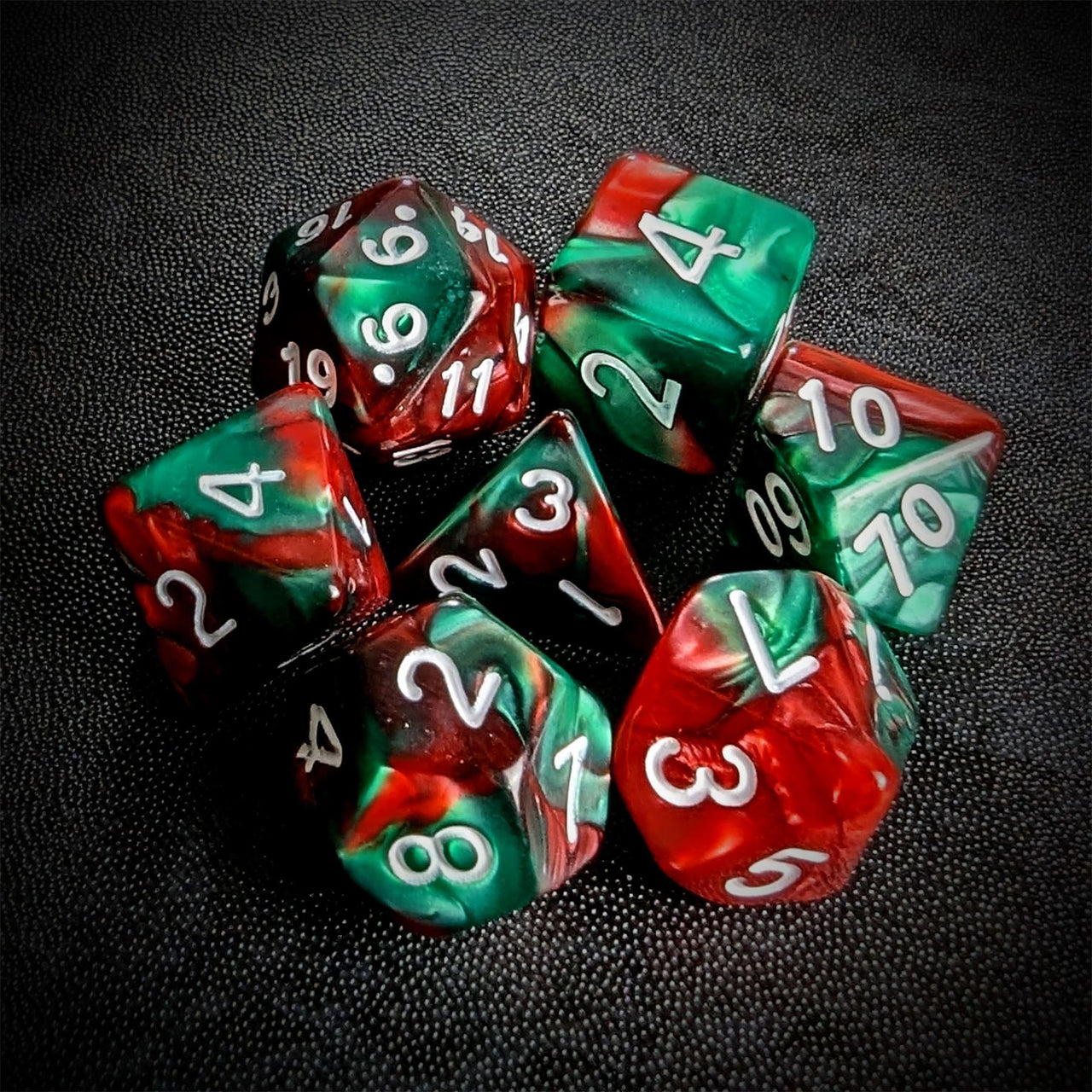 Blend of Red & Green Acrylic - 7pcs RPG Full Dice Set Top