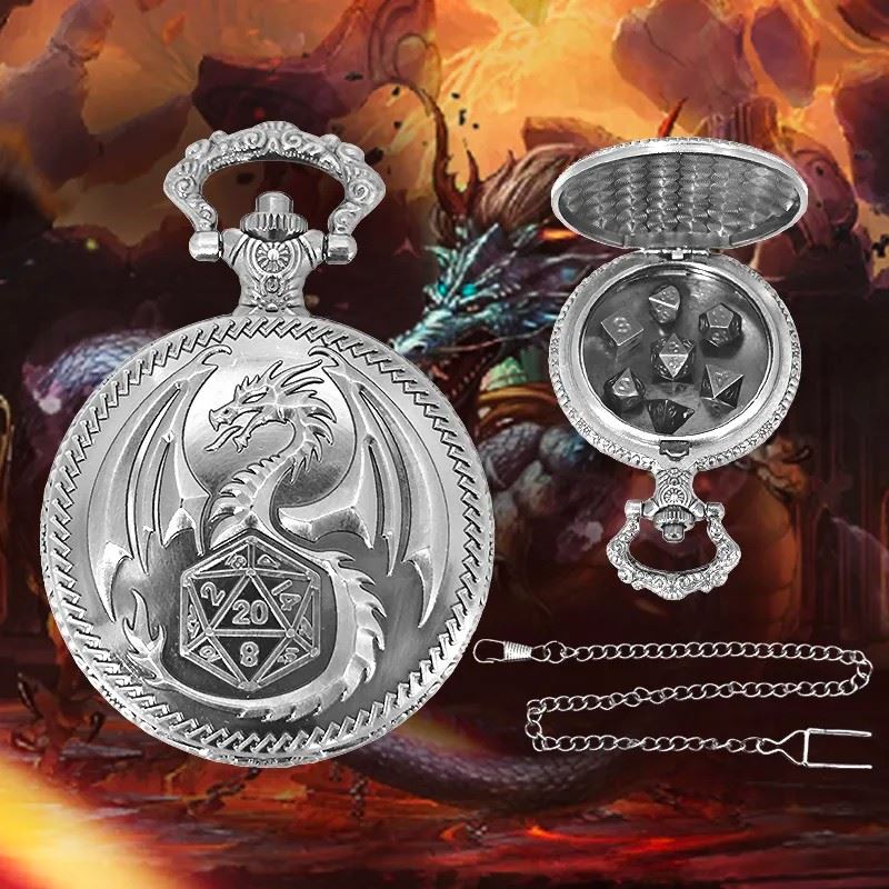 Dragon Wing on Silver Pocket Watch with Mini Dice - Pendant