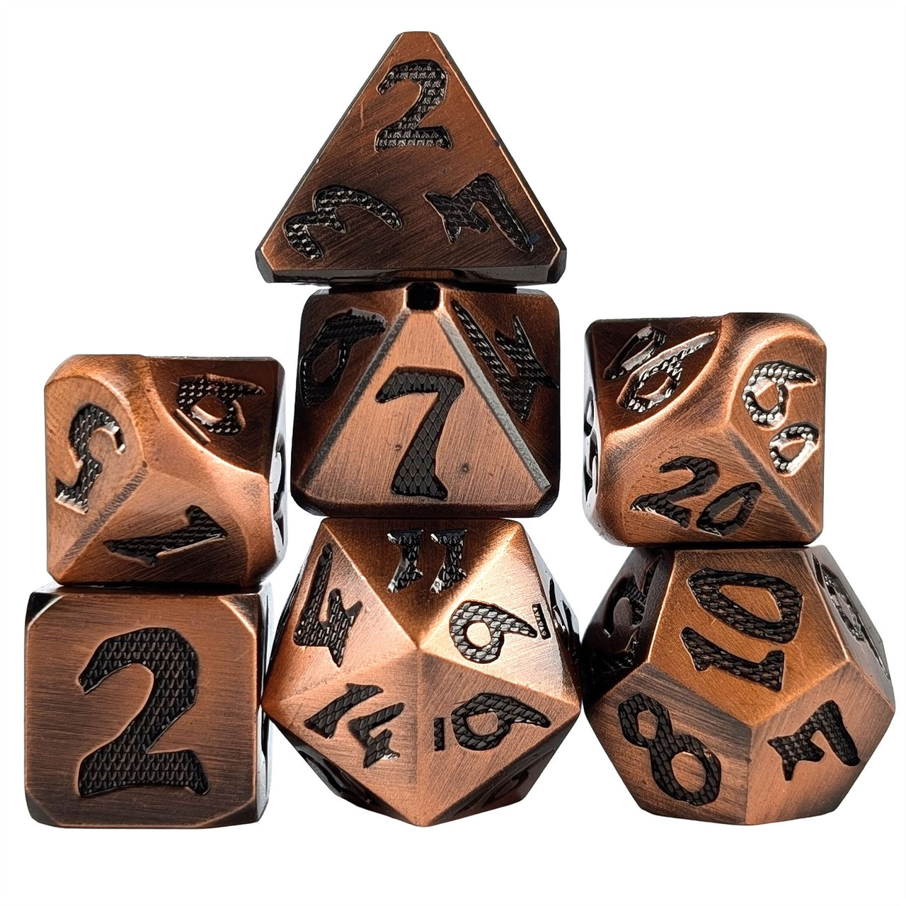 Black Font in Copper Metal - 7pcs RPG Dice Set