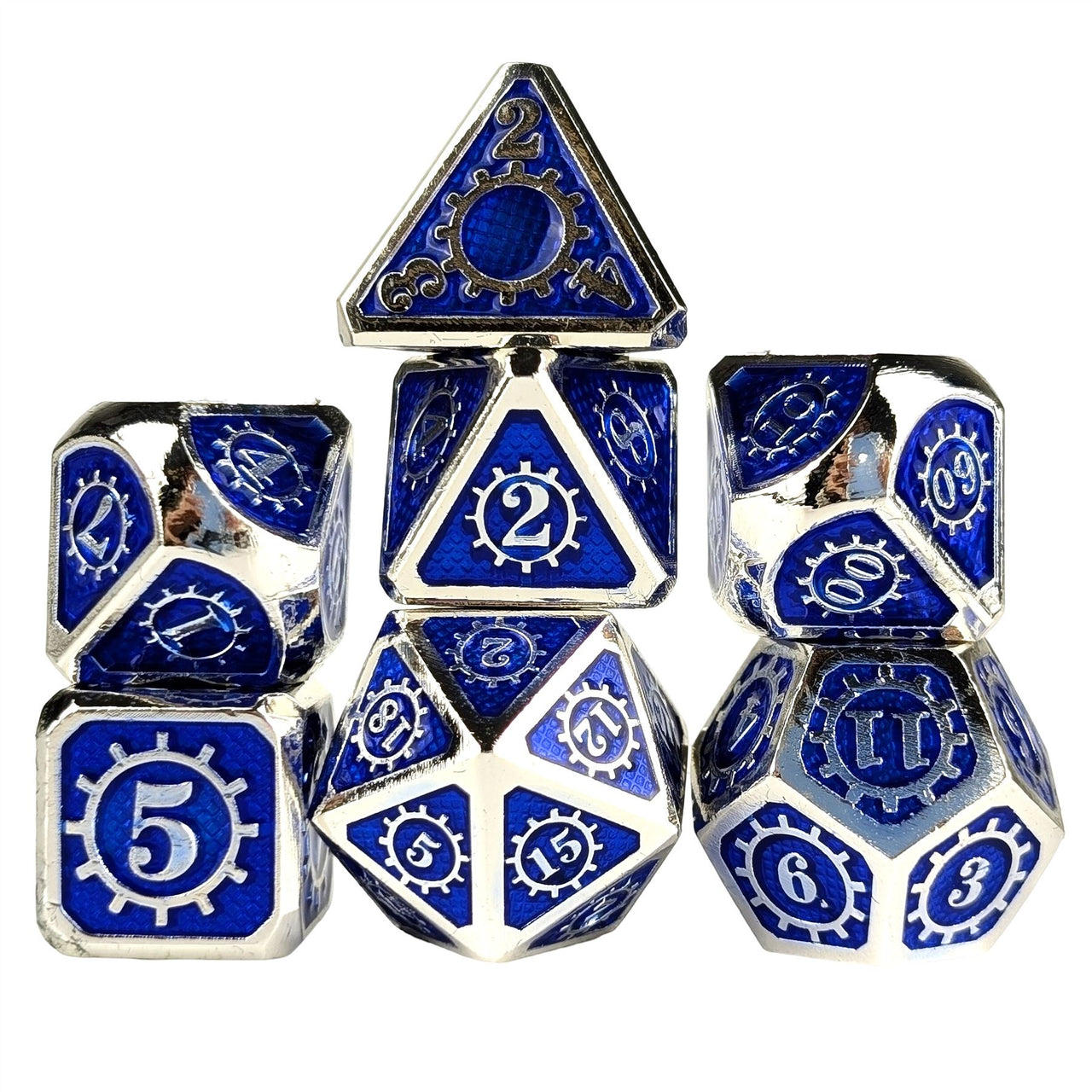 Gear in Blue Enamel Silver Metal - 7pcs RPG Dice Set