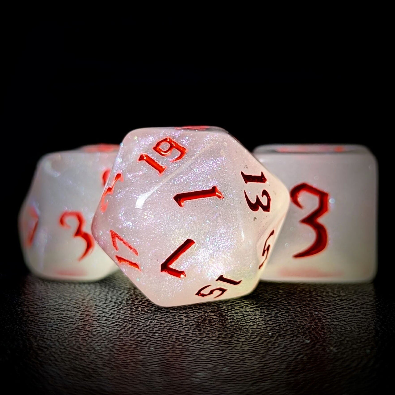 Glitter in White Acrylic with Red Font - 7pcs RPG Full Dice Set Close