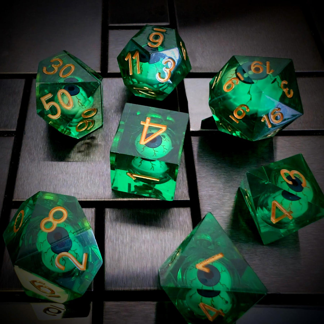 Green Eye Ball in Clear & Blue Liquid Filled Sharp Resin - 7pcs RPG Dice Set