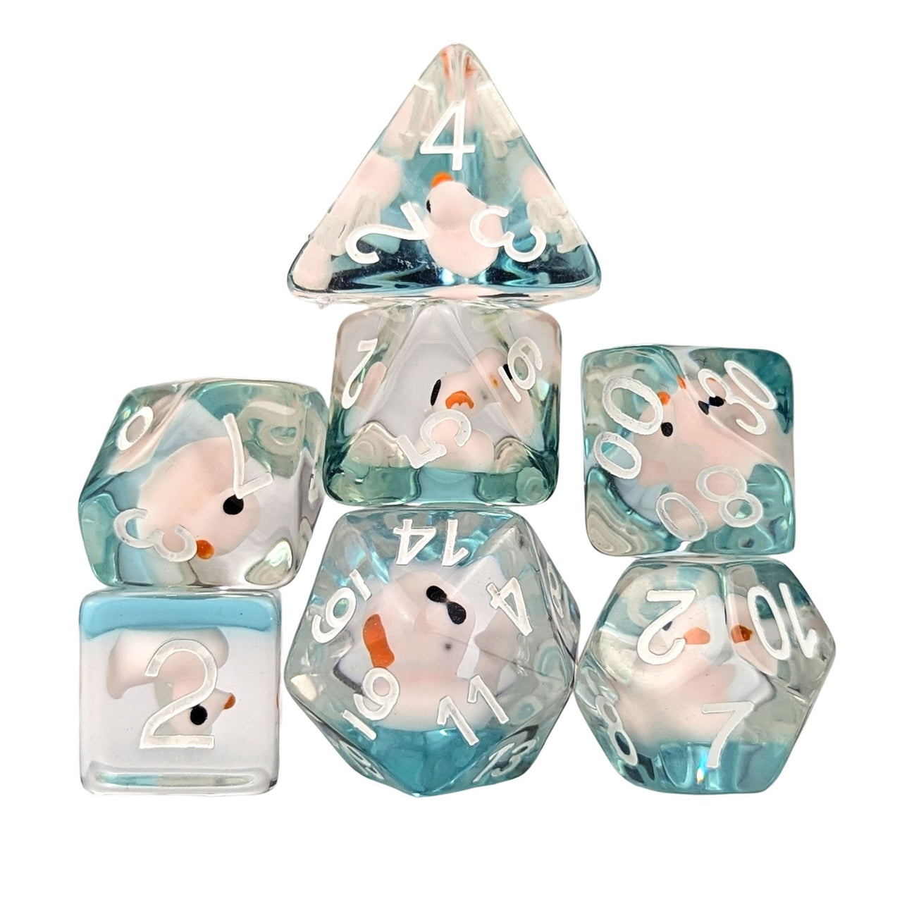 Duck in Clear & Blue Resin - 7pcs RPG Full Dice Set