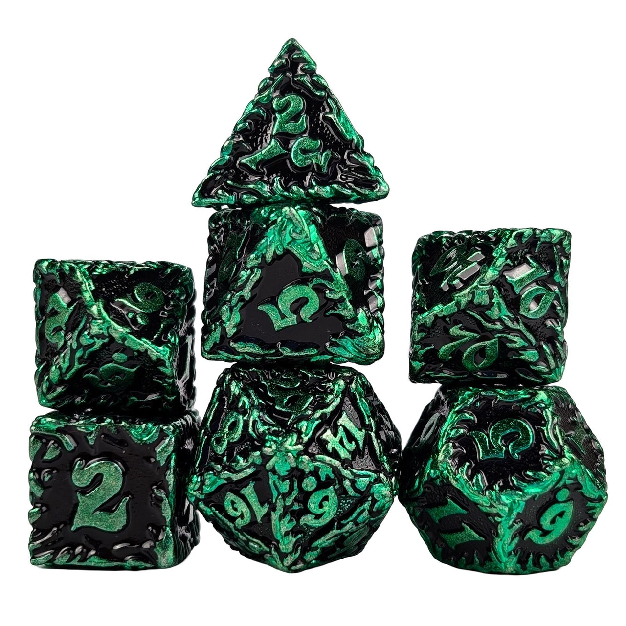 7pcs Dice Metal Druid Vine Green Font Black