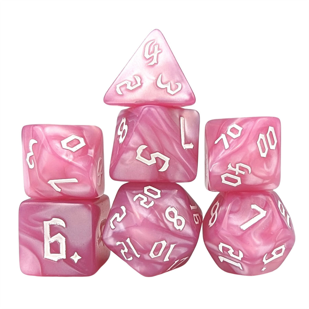 Pink Silk Acrylic - 7pcs RPG Full Dice Set White Stack