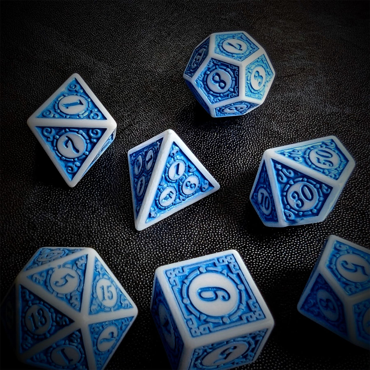 Blue Lattice on White Acrylic - 7pcs RPG Full Dice Set Scatter