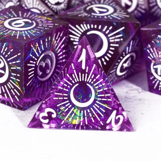 Moon on Purple with White Swirl Sharp Resin - 7pcs RPG Dice Set