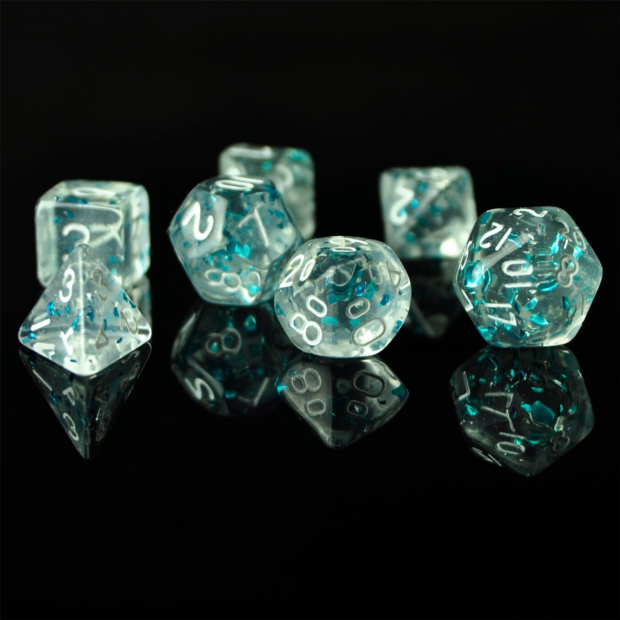 Glitter in Clear & Blue Acrylic - 7pcs RPG Mini Dice Set