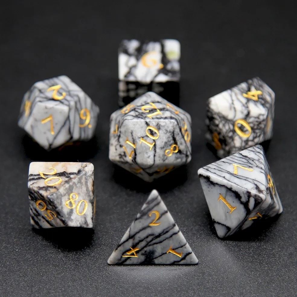 White and Black Marble Gemstone - 7pcs RPG Dice Set