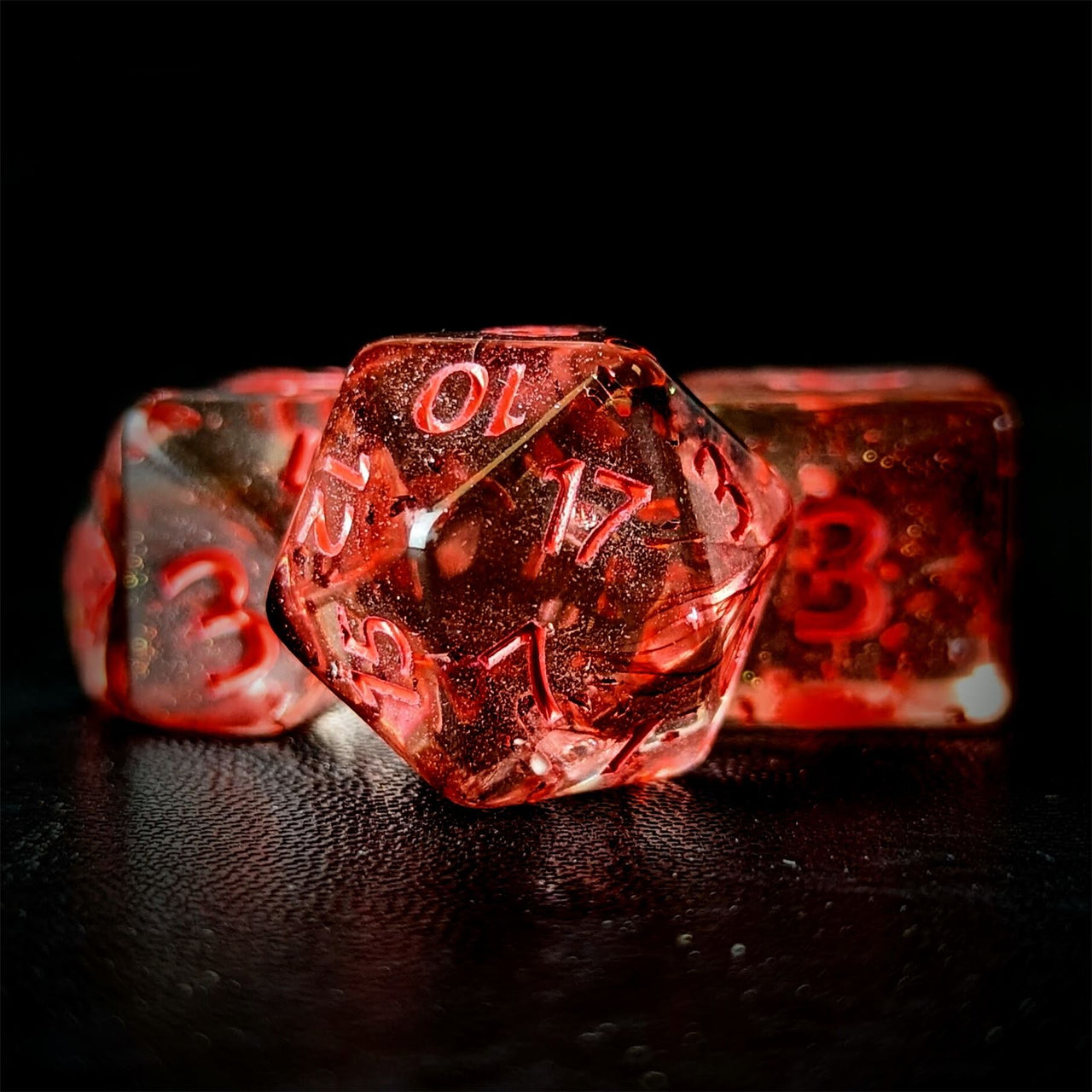 Glitter in Clear Red Acrylic - 7pcs RPG Full Dice Set Close