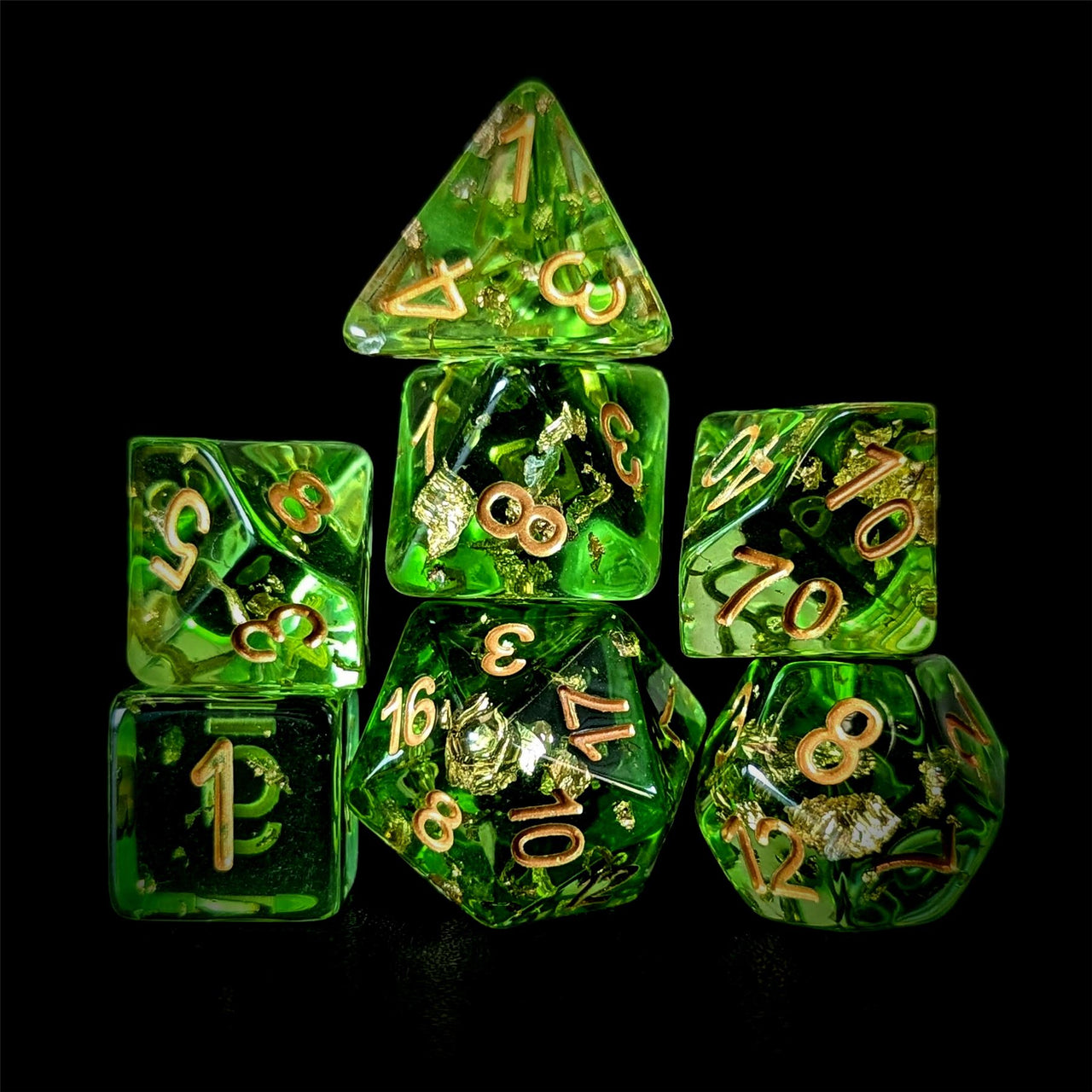 Gold Foil in Clear & Green Resin - 7pcs RPG Full Dice Set