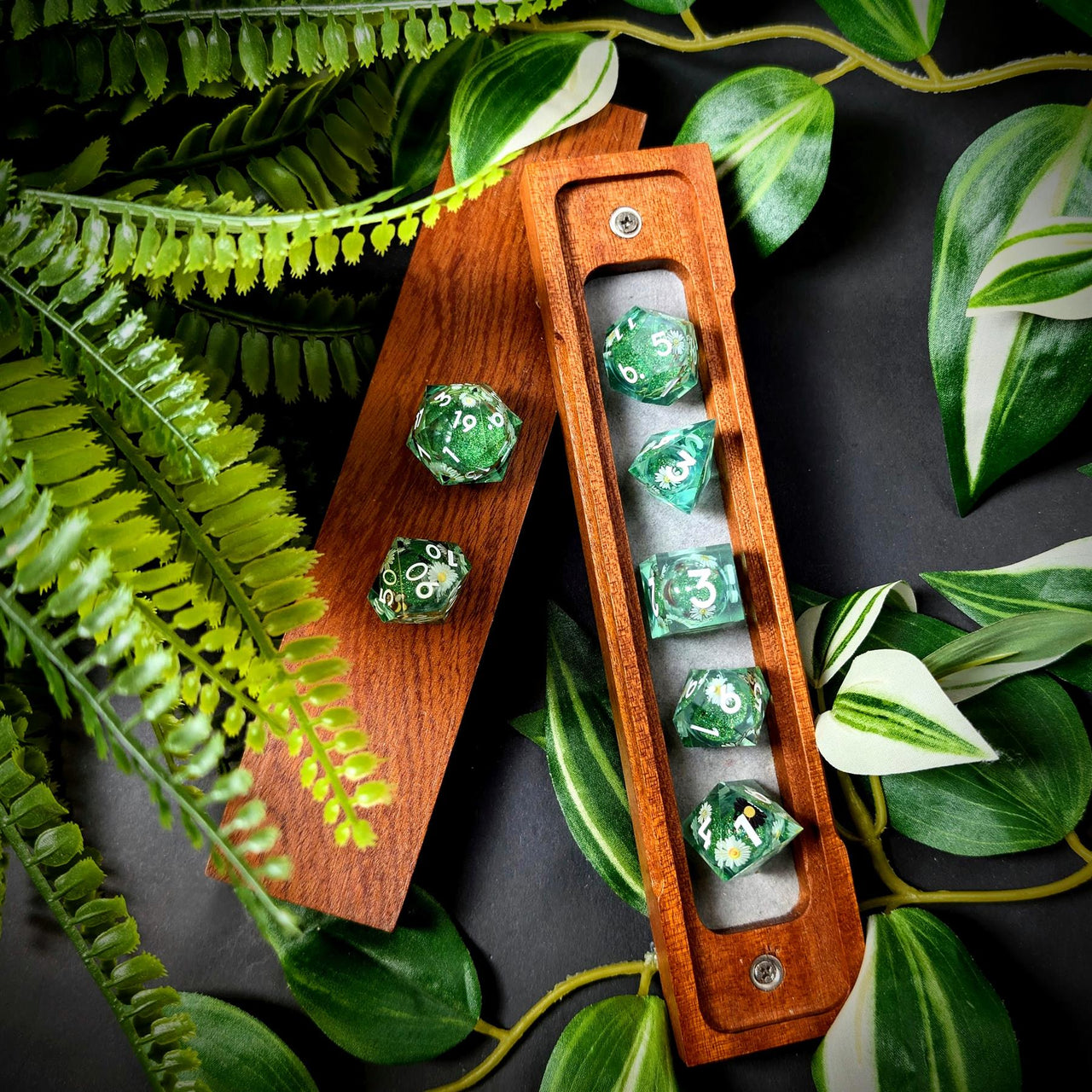 7pcs Dice Sharp Filled Liquid Daisy White Font Green Clear