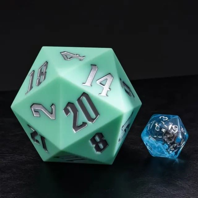 D20 55mm Dice Silicone Solid Silver Font Mint Green