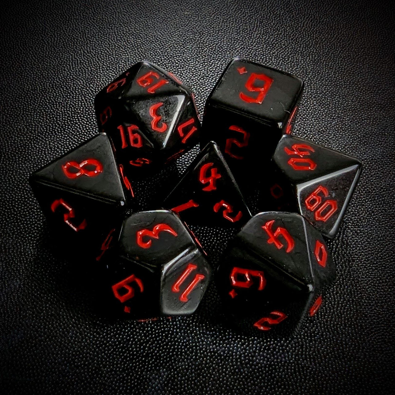 Red on Solid Black Acrylic - 7pcs RPG Full Dice Set Top