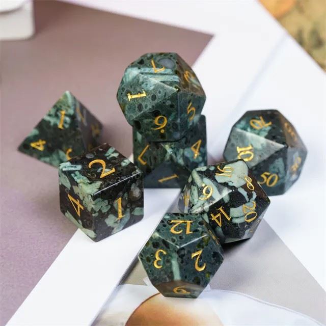 Green Grass Flower Jasper Gemstone - 7pcs RPG Dice Set