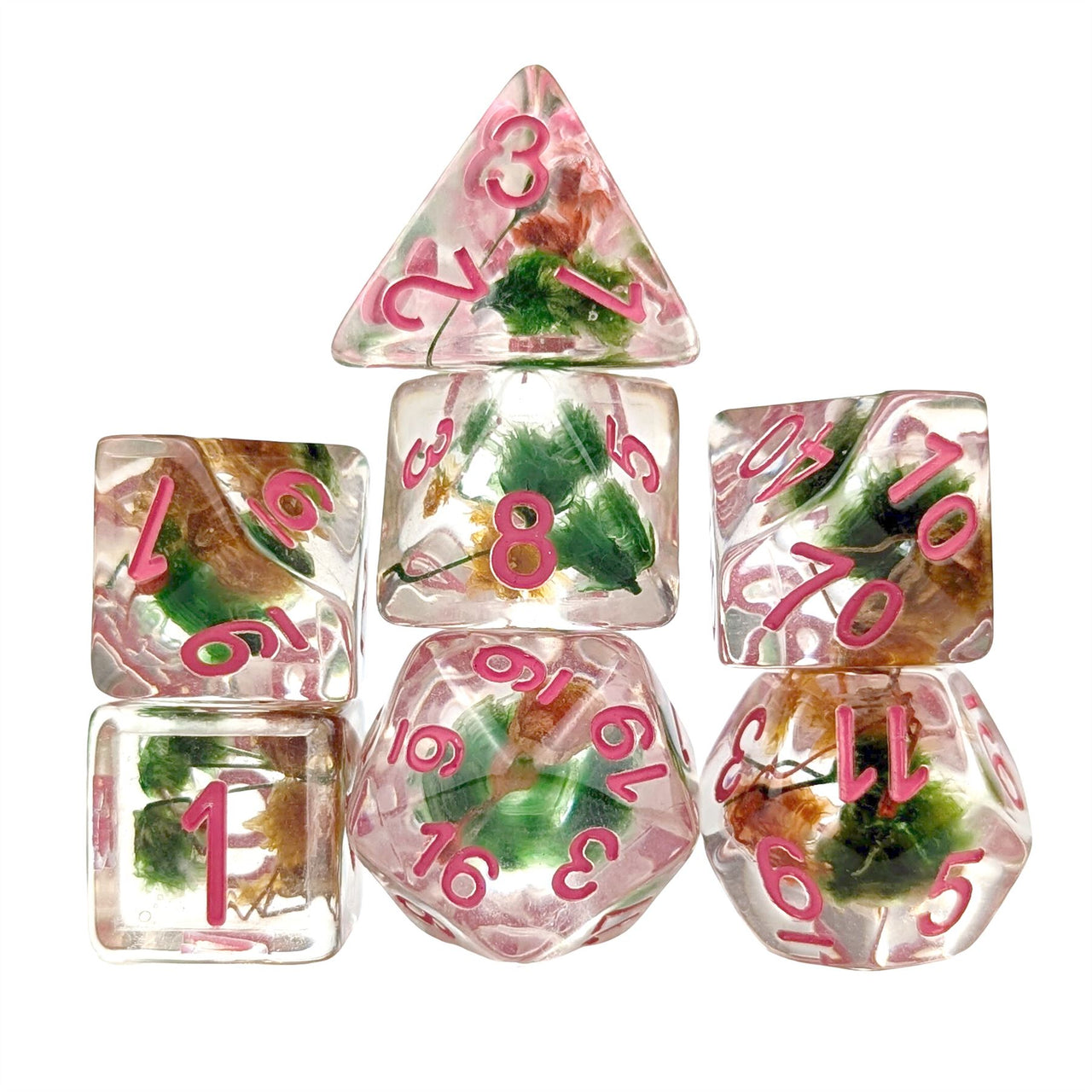 Red & Green Flowers in Clear Resin - 7pcs RPG Full Dice Set