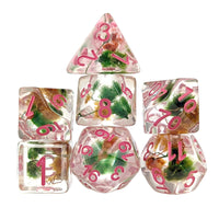 Thumbnail for Red & Green Flowers in Clear Resin - 7pcs RPG Full Dice Set