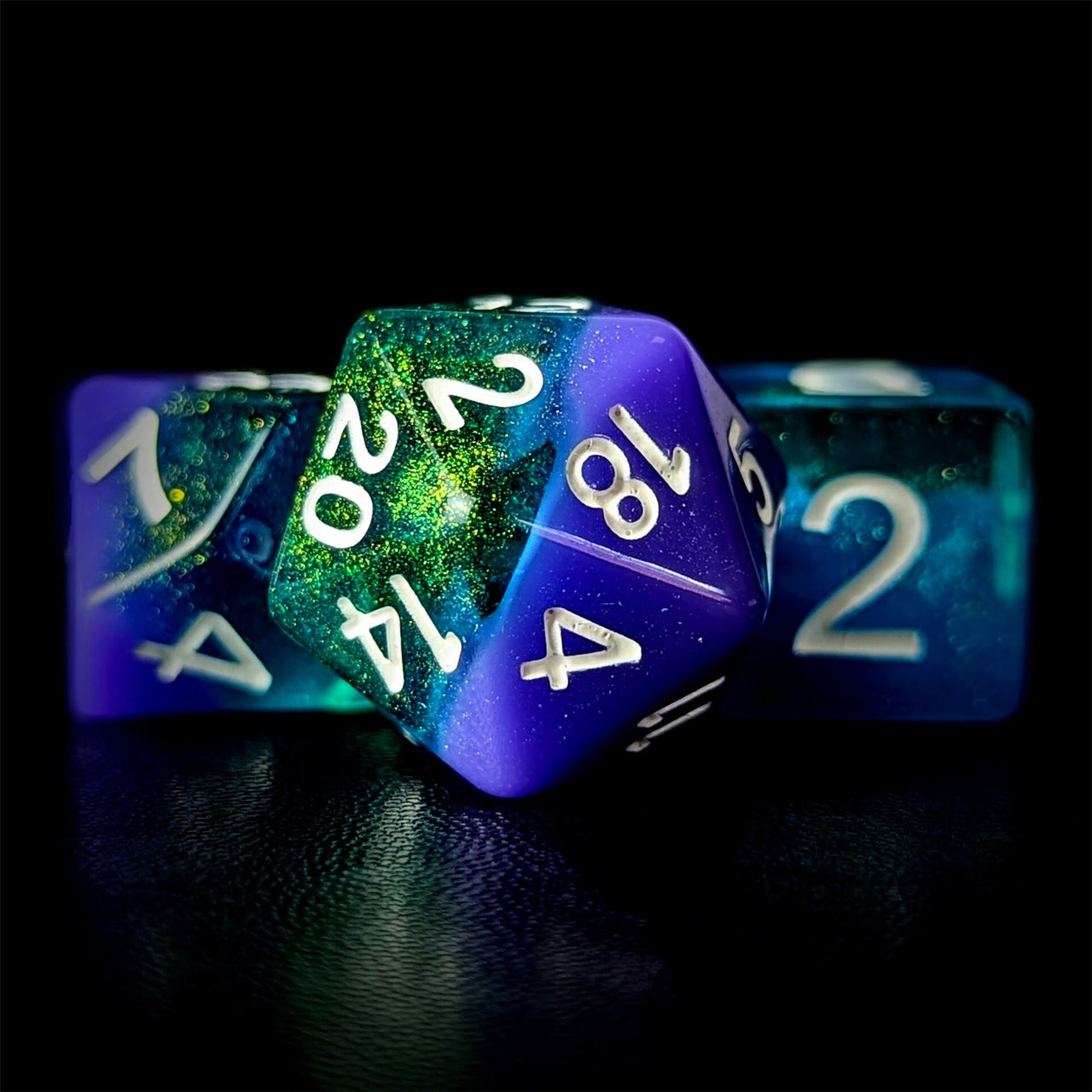 Layered Purple & Teal with Shimmer Resin - 7pcs RPG Full Dice Set