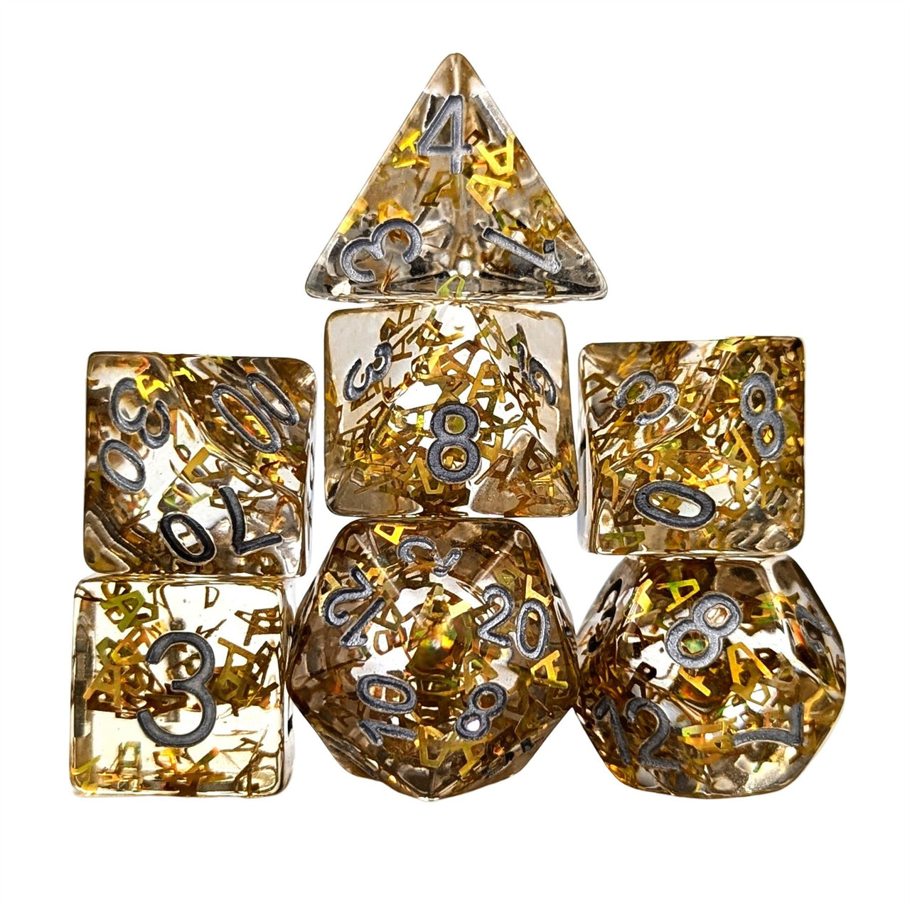 Gold Confetti in Clear Resin - 7pcs RPG Full Dice Set