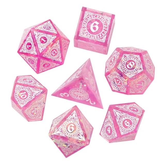 White Pattern on Pink with Candy Sharp Resin - 7pcs RPG Dice Set