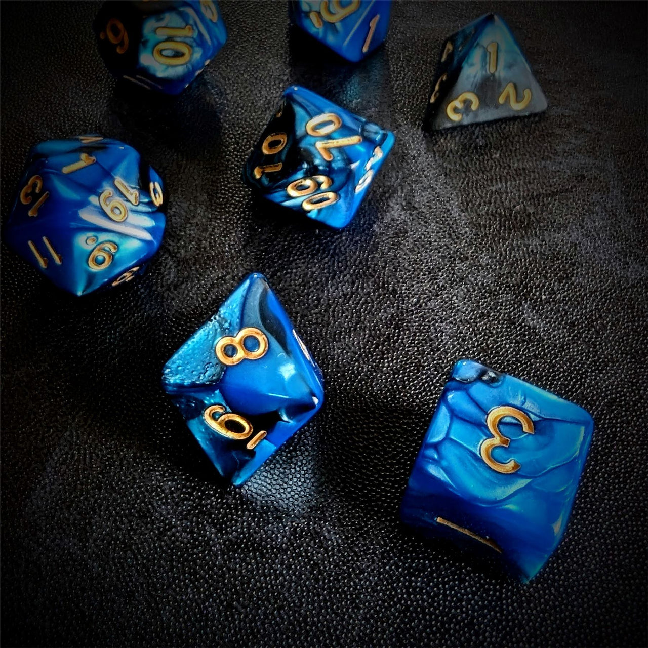 Blend of Black & Blue Acrylic - 7pcs RPG Full Dice Set Scatter