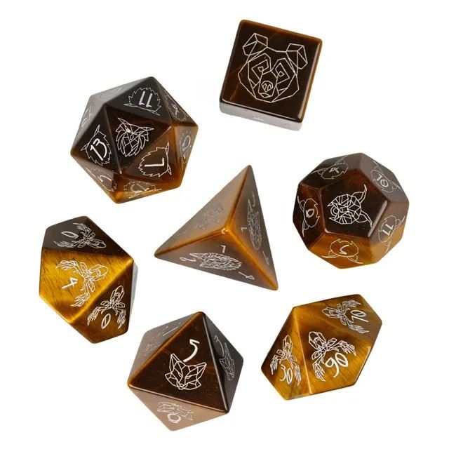 Beasts on Tigers Eye Gemstone - 7pcs RPG Dice Set